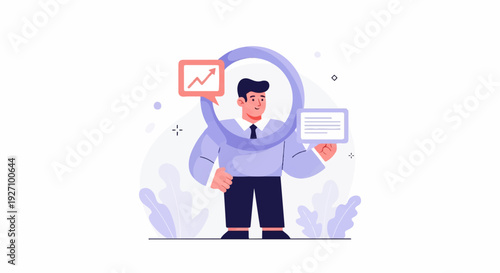 A man holds a speech bubble with a growing chart and a text box, depicted as a business analyst