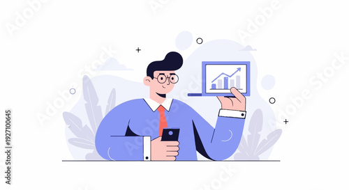 Businessman with phone and laptop showing growth chart