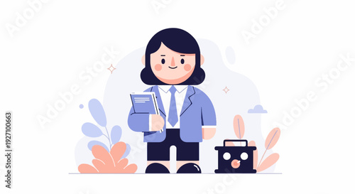 A charming businessperson with a book and briefcase stands in a minimalist, pastel-colored environment