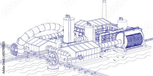 Seawater Desalination Industrial Facility Vector Black Line Art, Water Treatment Plant Infrastructure Illustration, Reverse Osmosis Desalination Factory Outline for Clean Drinking Water