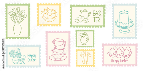 Set of coquette Happy Easter postage stamp. Hand drawn whimsical cute bunny, flowers, basket, eggs and candle. Vector illustration.