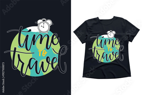 Retro adventure travel illustration with vintage alarm clock and mountain landscape, time to explore nature concept