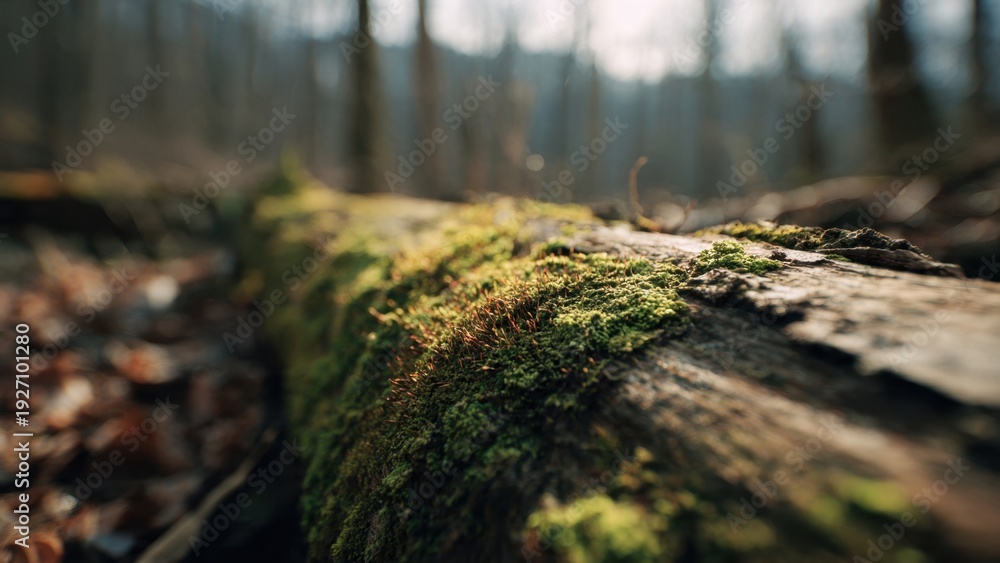 Fototapeta premium Moss-covered log in a sunlit forest