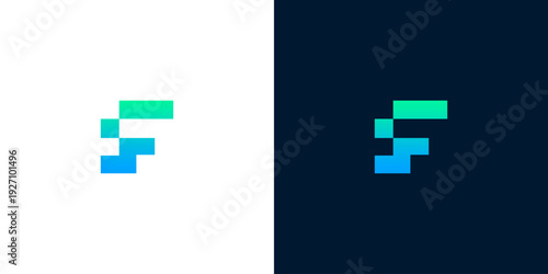 Dynamic digital letter F logo concept, crafted with modern pixel blocks in vibrant blue and green tones, ideal for innovative technology, data, or communication branding solutions