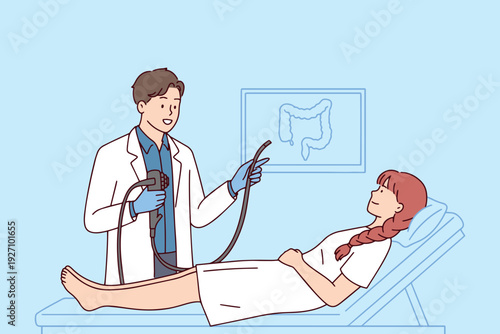 Male doctor explains colonoscopy procedure using endoscope to a young woman. Medical art focused on health screening, cancer prevention, and professional diagnostic hospital checkup.