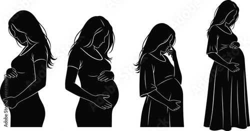Pregnant woman silhouette collection maternity motherhood pregnancy poses isolated on white background vector