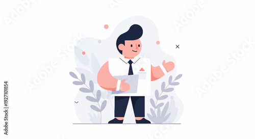 A smiling person in a white shirt and tie, holding a folder, with a background of stylized plants