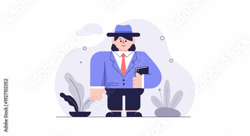 A person in a blue suit and hat holds a book, surrounded by minimalist plants and shapes