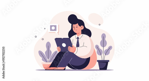 Person sits cross-legged using a tablet, surrounded by abstract shapes and potted plants