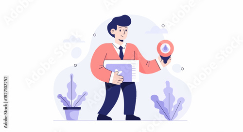 A man in business attire holds a file folder and a lightbulb symbolizing an idea