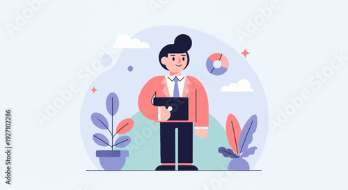 A stylized businessman stands with a tablet, surrounded by abstract plants and a pie chart