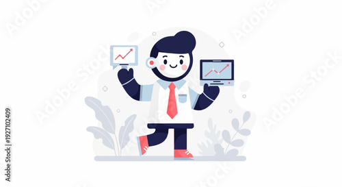 Cartoon businessman holding screens with upward trending charts, dressed in shirt and tie