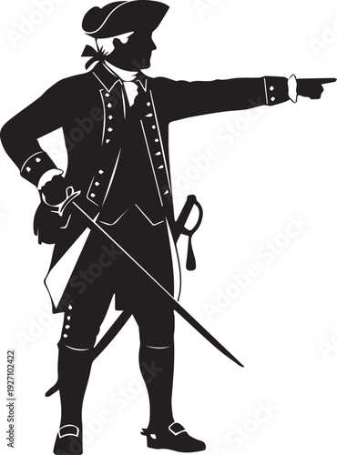 American revolutionary war officer silhouette vector illustration pointing forward command