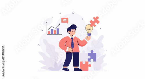 Businessman holding a lightbulb with puzzle pieces and a graph nearby