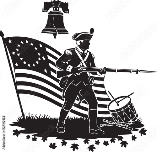 American revolutionary war patriot vector silhouette illustration with flag and bell icon
