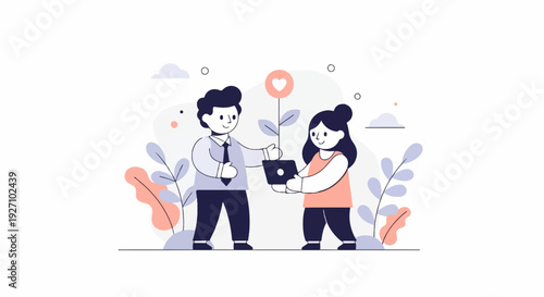 A man and woman share a laptop with a heart-shaped flower blooming nearby