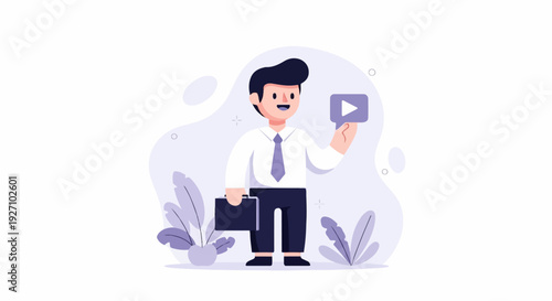 Cheerful man in suit holds play button, carrying briefcase, plants background