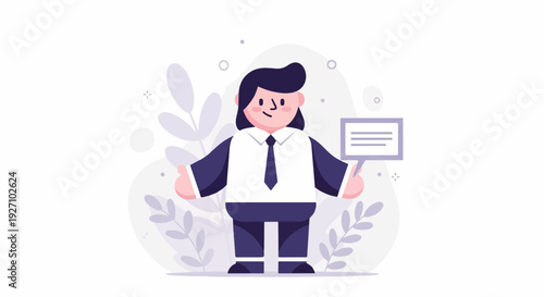 Cartoon person in formal attire holding a speech bubble with abstract plant background