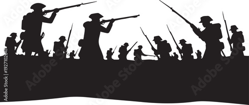 American revolutionary war soldiers silhouette vector illustration line art battle field