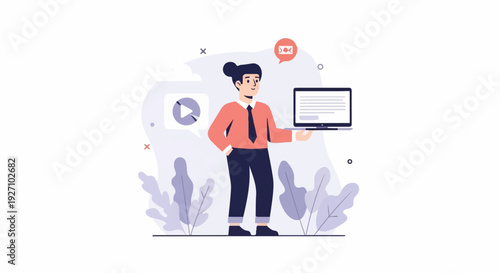 A person holds a laptop displaying text, with a play button icon in a speech bubble