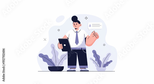 A cheerful person in a shirt and tie holds a tablet and gestures with their hand near potted plants