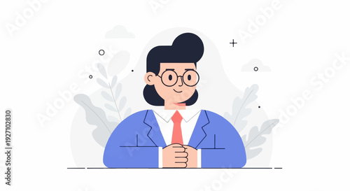 Stylized person in a suit and tie, with round glasses, against a neutral background with abstract foliage