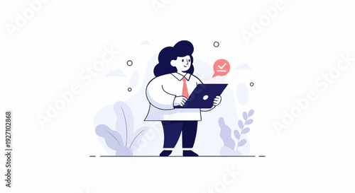 A stylized person in business attire holds a tablet with a checkmark notification, surrounded by abstract plants