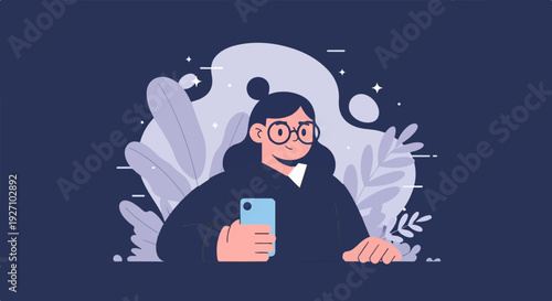 A person with glasses holds a phone, surrounded by stylized plants and abstract shapes against a dark background
