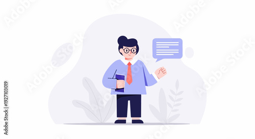Character in business attire, holding book and speaking