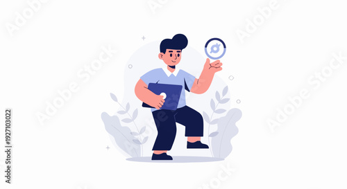 Cheerful man holds laptop and a circular icon