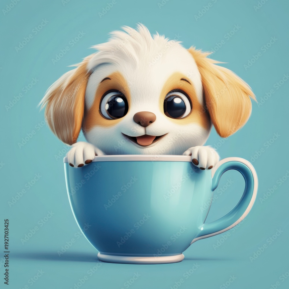 Obraz premium A charming puppy with big eyes sits inside a blue teacup, creating a heartwarming and adorable scene