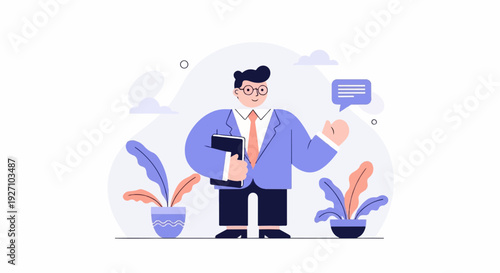 A stylized man in a blue suit and orange tie holds a book and speaks