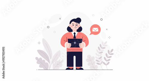 Person holding a laptop with email notification and botanical elements in background