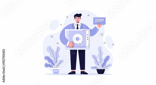 A man in a suit presents a tablet with a chat bubble icon and a small card