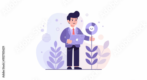 A man in a suit holds a laptop and touches a flower-like object