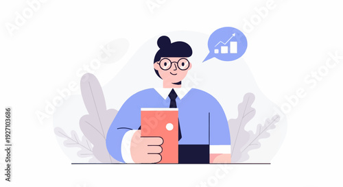 Professional with glasses and bun holds tablet, showing a growth chart icon