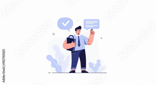 A man in a suit with a briefcase holds a pen near a speech bubble with a checkmark