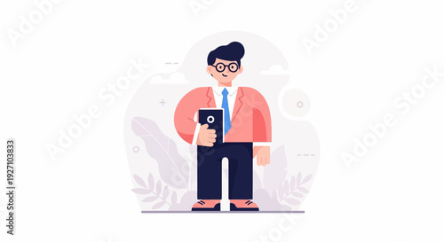 A stylized man in a coral jacket, blue tie, and dark pants stands holding a black device