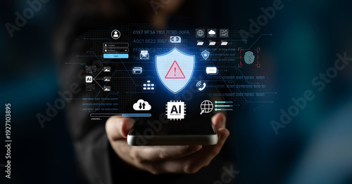 Wallpaper Mural Cybersecurity concept featuring an AI detector scanning digital content for deepfakes and authenticity. Represents copyright protection, fake news prevention, and C2PA content credentials. Corpus Torontodigital.ca