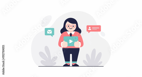 Person holding tablet with play button, speech bubbles, stylized plants