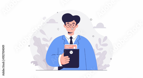 A business professional in a blue suit with glasses holds a dark folder with documents