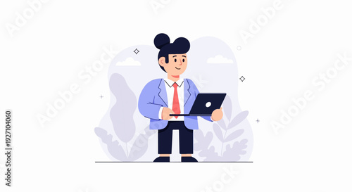 A person in a suit and tie holds a laptop, with abstract shapes and plants in the background