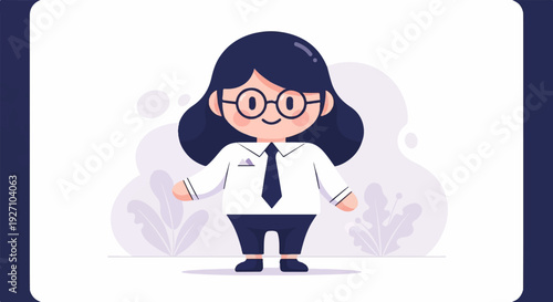 A cheerful, short person in formal attire stands against a soft, muted background