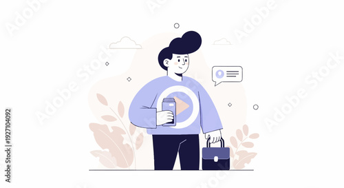 Animated person with stylish hair holding a drink and briefcase, with abstract shapes