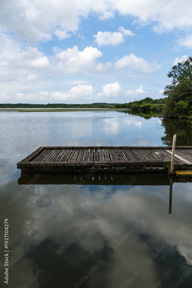 Fototapeta premium Lake of Soustons reflecting a cloudy sky and wooden docks