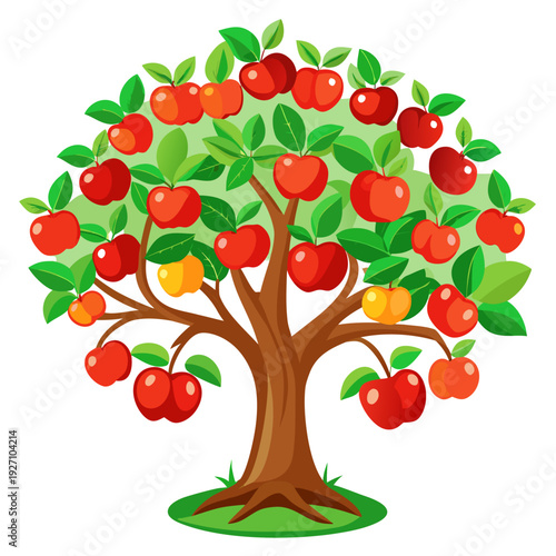 Lush apple tree laden with ripe red and yellow apples among green leaves on sturdy branches in vibrant orchard setting