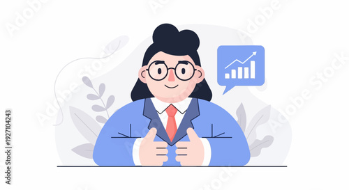 Cartoon woman in suit with glasses gives thumbs up, growth chart in bubble