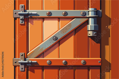 Detailed close-up of a rustic wooden door with metal hinges and latch in bright sunlight highlighting textures and colors