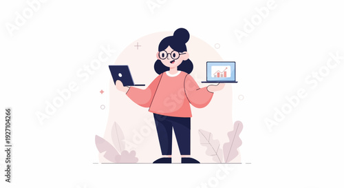 A person balances two laptops, one displaying data, in a simplified illustration