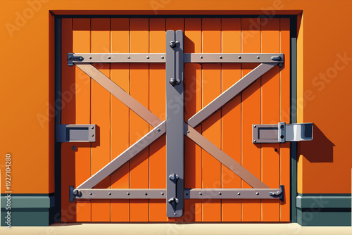 Sturdy orange wooden door with crossed metal bars and reinforced locks, set against a vibrant orange wall